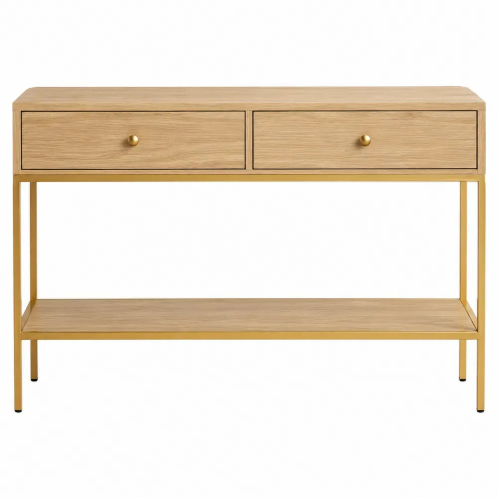 Mesa consola rectangular de MDF acabado roble natural con 2 cajones marco metálico dorado y estante inferior 100 x 30 x 80 cm