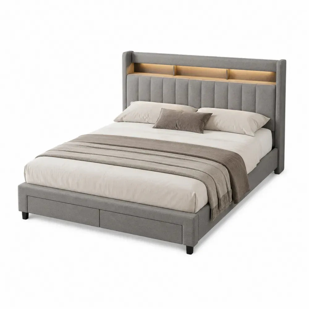 Cama doble rectangular para colchón de 150 x 200 cm con estructura de tablero de partículas tapizada en poliéster gris con cajones