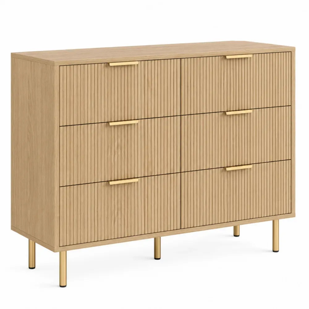 Cómoda rectangular de 6 cajones de MDF y tablero de partículas acabado roble claro con tiradores dorados 140 x 40 x 85 cm
