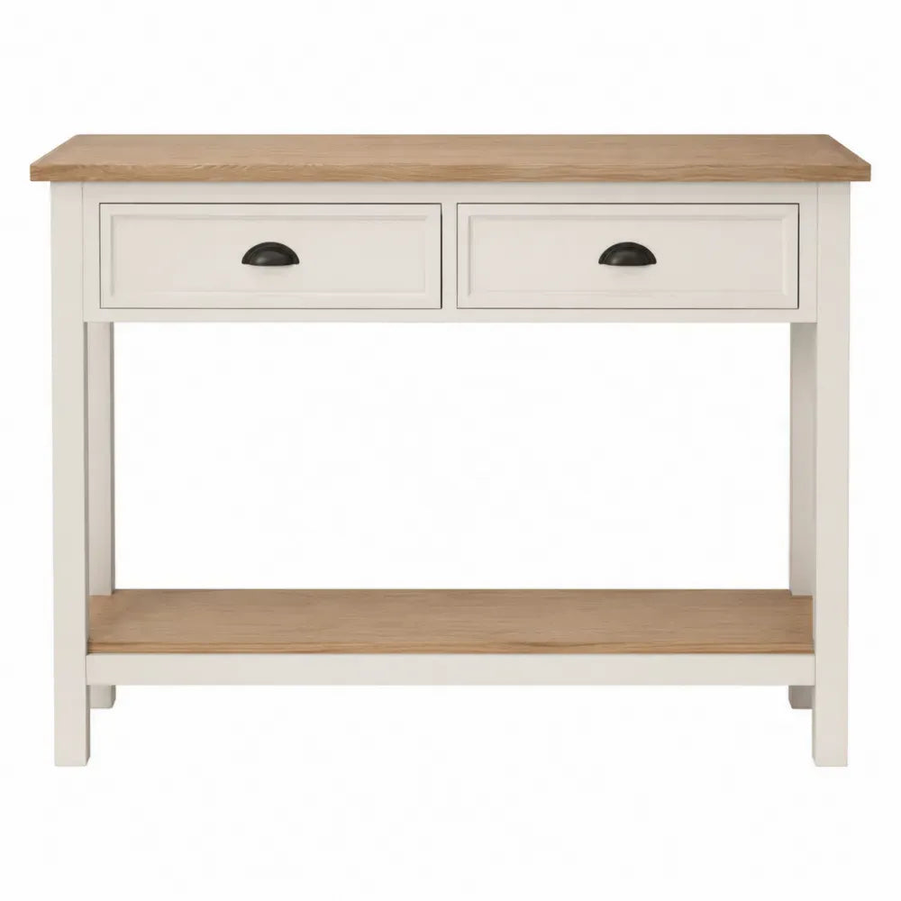 Mesa consola rectangular de MDF blanco crema con encimera efecto roble 2 cajones estante inferior y tiradores negros 100 x 35 x 80 cm
