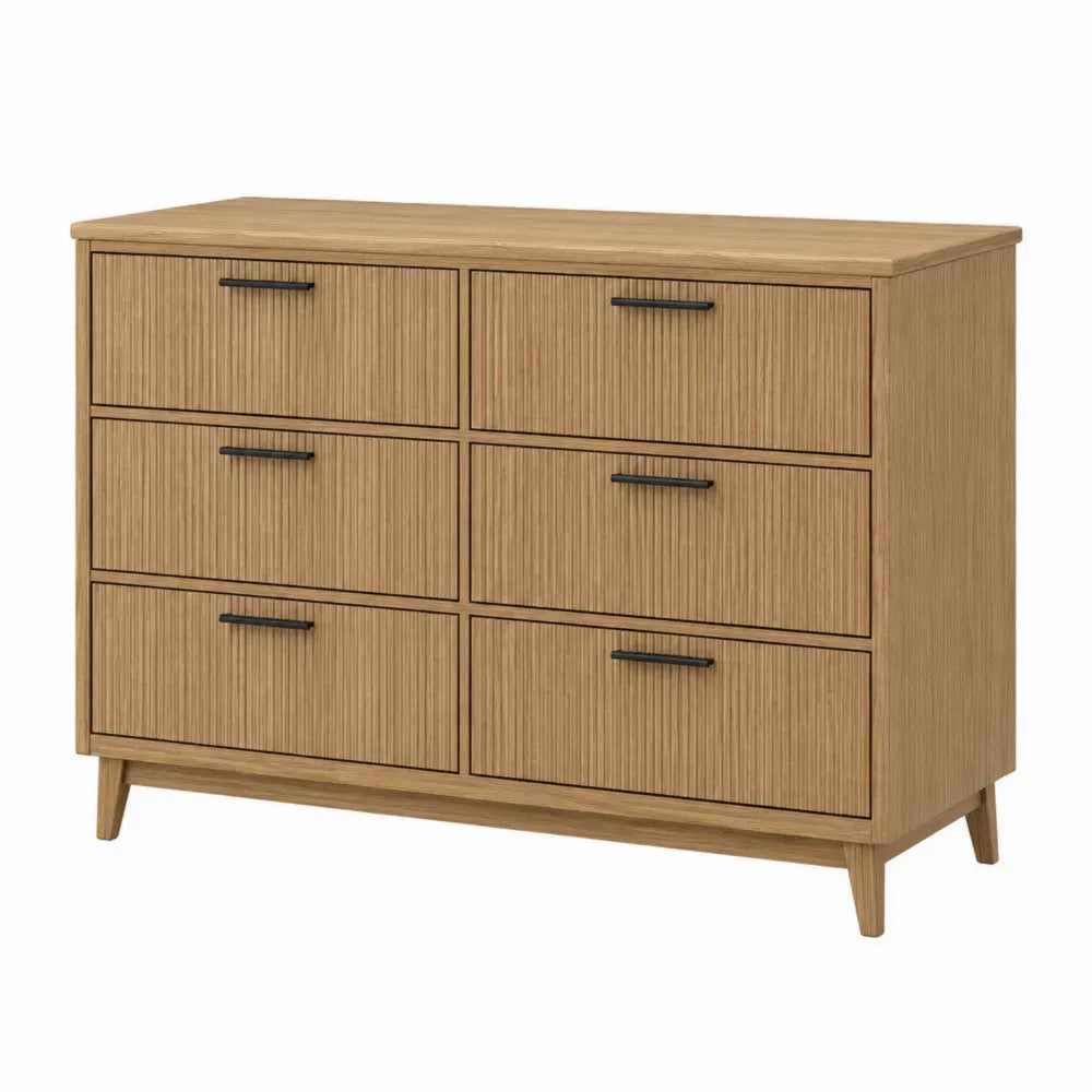 Cómoda rectangular de 6 cajones de MDF y tablero de partículas acabado madera natural con tiradores negros 140 x 40 x 80 cm