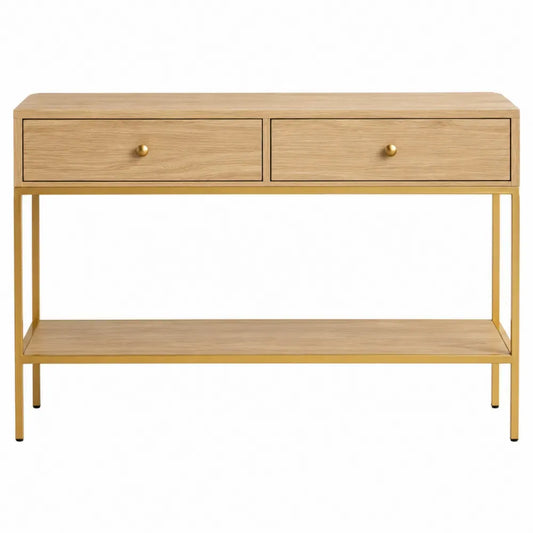 Mesa consola rectangular de MDF acabado roble natural con 2 cajones marco metálico dorado y estante inferior 100 x 30 x 80 cm