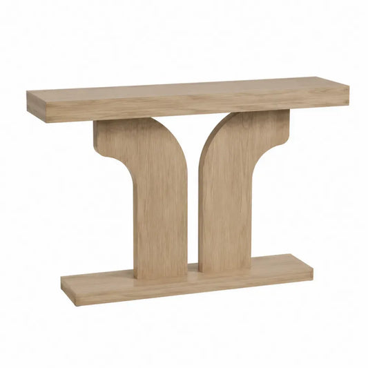 Mesa consola de madera MDF con chapa de roble base escultórica curva doble color roble natural 120 x 35 x 80 cm