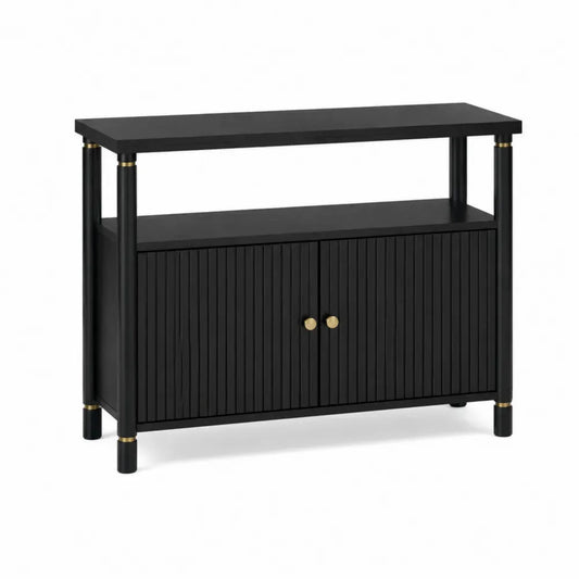 Aparador de almacenamiento de MDF negro con estante abierto 2 puertas ranuradas y detalles dorados 110 x 35 x 80 cm