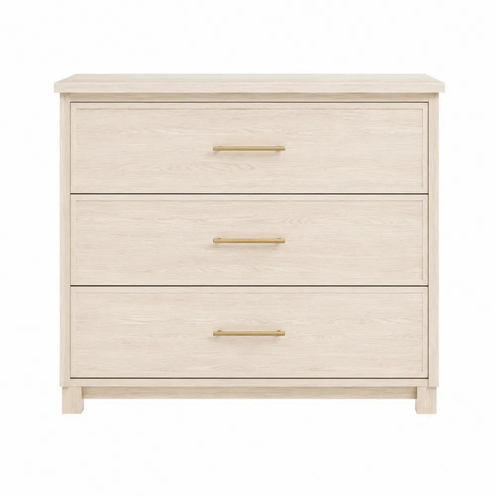 Cómoda rectangular de 3 cajones de tablero de partículas acabado madera clara con tiradores dorados 100 x 40 x 85 cm