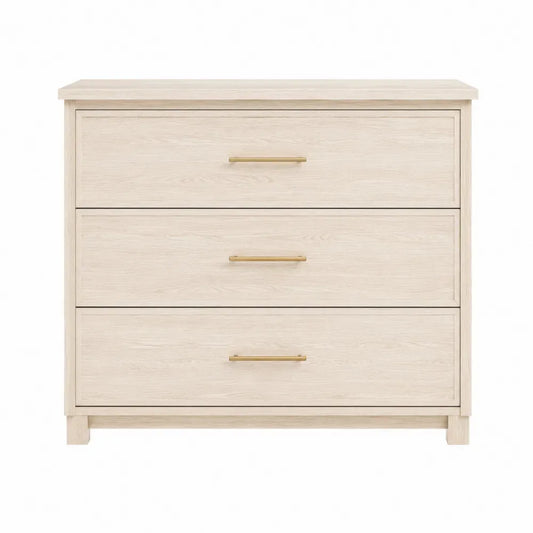 Cómoda rectangular de 3 cajones de tablero de partículas acabado madera clara con tiradores dorados 100 x 40 x 85 cm