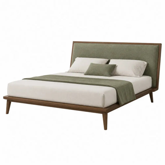 Cama de matrimonio 160x200 cm con cabecero tapizado en tejido verde estructura de madera base con somier de láminas color madera natural