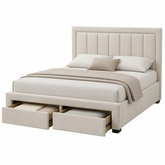 Cama tapizada con almacenamiento 2 cajones estructura de madera cabecero acolchado color beige sin dimensiones especificadas