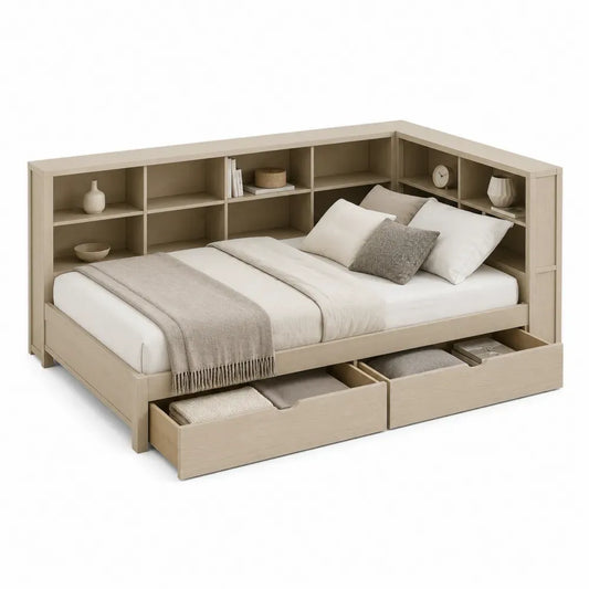 Cama con almacenaje integrado cabecero con estanterías y cajones madera MDF melamina roble claro 160 cm x 200 cm estructura con almacenamiento y base de listones