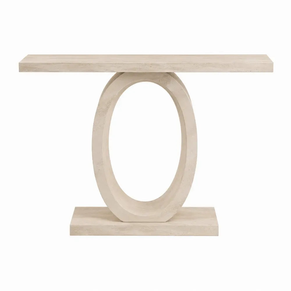 Mesa consola rectangular efecto piedra beige con base central ovalada 120 x 35 x 80 cm