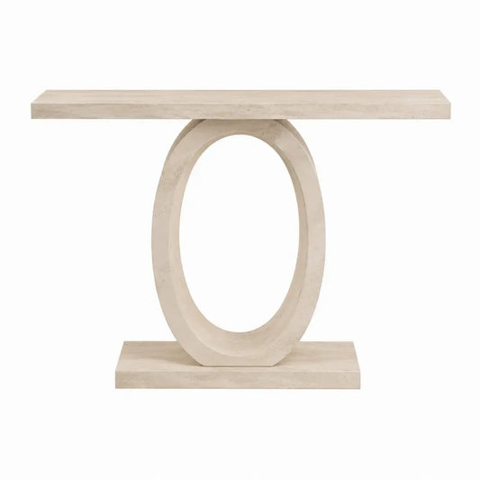 Mesa consola rectangular efecto piedra beige con base central ovalada 120 x 35 x 80 cm