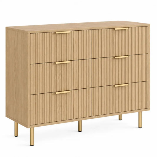 Cómoda rectangular de 6 cajones de MDF y tablero de partículas acabado roble claro con tiradores dorados 140 x 40 x 85 cm