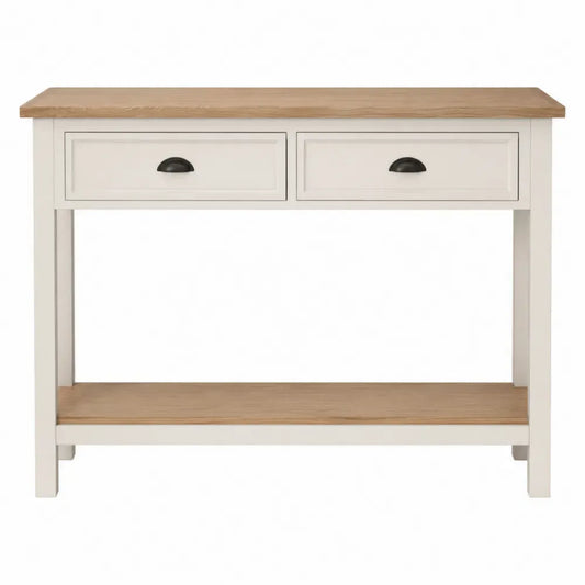 Mesa consola rectangular de MDF blanco crema con encimera efecto roble 2 cajones estante inferior y tiradores negros 100 x 35 x 80 cm