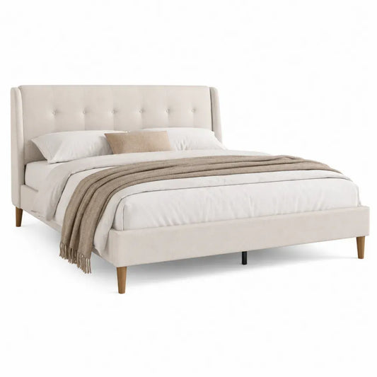 Cama doble rectangular tapizada para colchón 160 x 200 cm con cabecero acolchado de poliéster beige crema y patas de madera natural