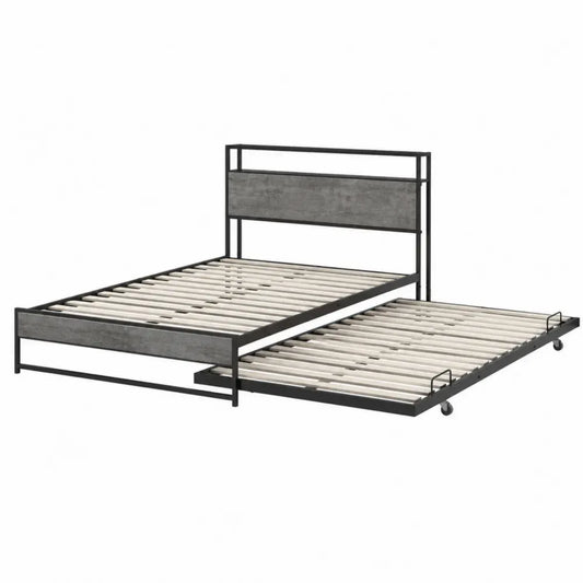 Cama nido rectangular de acero con cama auxiliar extraíble de 90 x 200 cm y 90 x 190 cm gris antracita y gris cemento