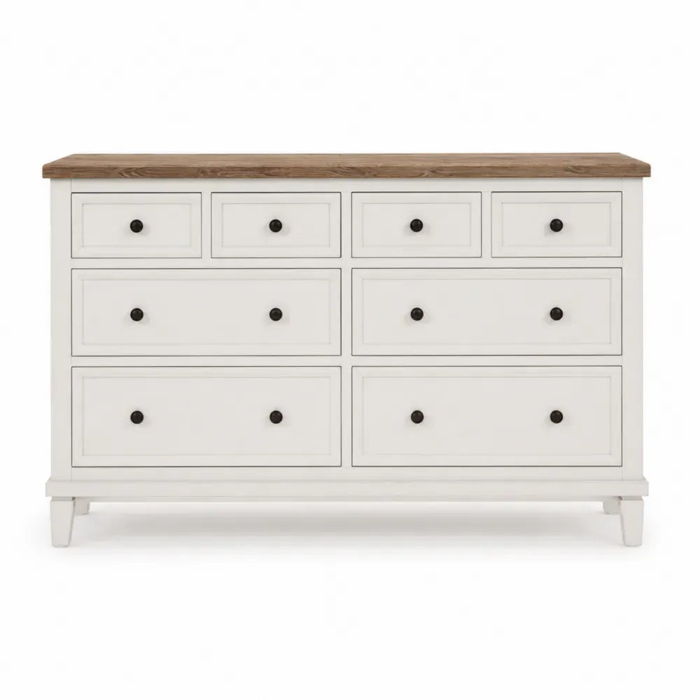 Cómoda rectangular de 8 cajones de MDF y tablero de partículas blanca con encimera madera natural y tiradores negros 140 x 40 x 80 cm