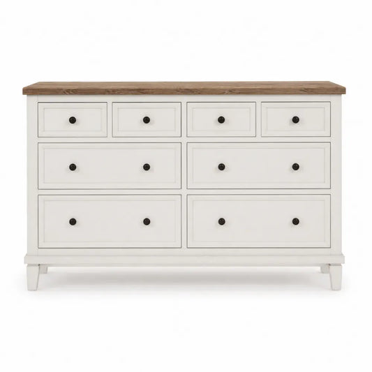 Cómoda rectangular de 8 cajones de MDF y tablero de partículas blanca con encimera madera natural y tiradores negros 140 x 40 x 80 cm