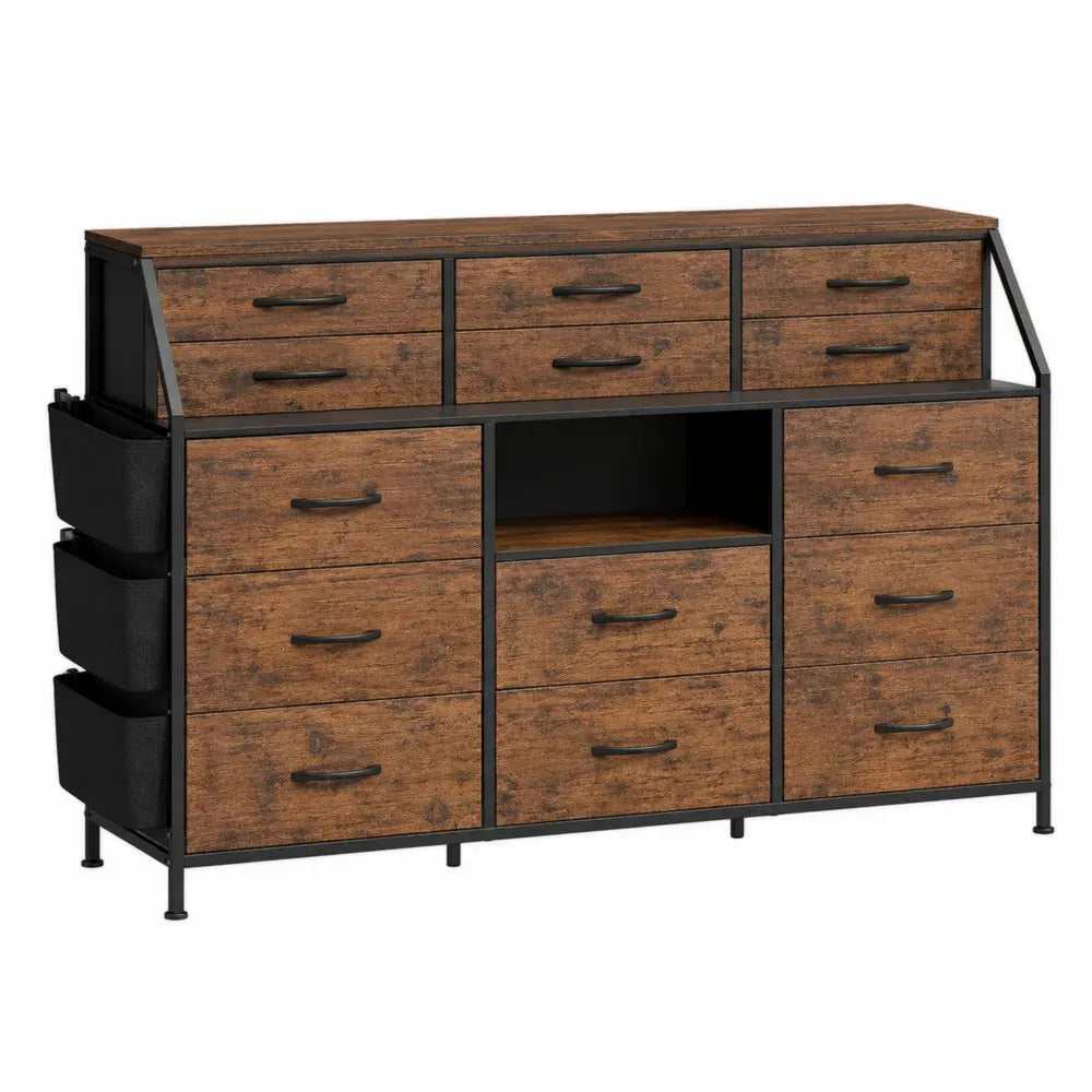 Cómoda rectangular de 14 cajones con estructura de acero y frentes efecto madera marrón con negro 140 x 40 x 85 cm