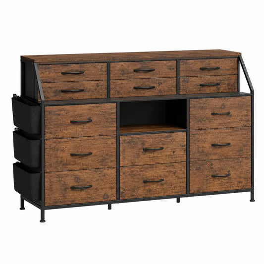 Cómoda rectangular de 14 cajones con estructura de acero y frentes efecto madera marrón con negro 140 x 40 x 85 cm