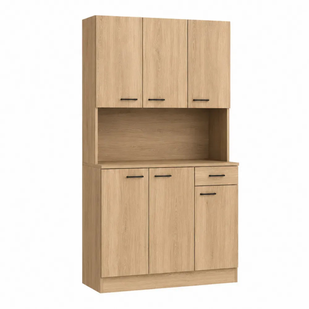 Aparador alto de MDF acabado roble claro con 6 puertas 1 cajón hueco abierto y tiradores negros 120 x 40 x 180 cm