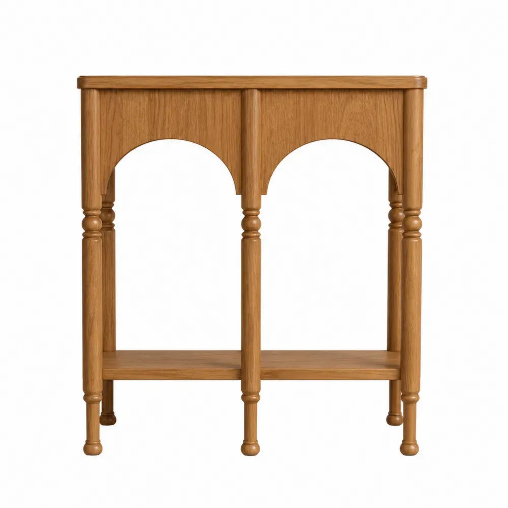 Mesa consola rectangular de madera de roble con doble arco y estante inferior en color roble natural 90 x 30 x 80 cm