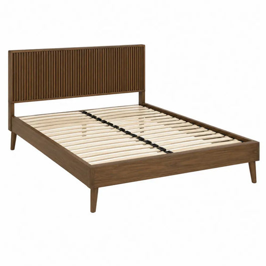 Cama de dormitorio 160x200 cm de madera natural con cabecero de listones y base con somier de láminas estructura de madera maciza