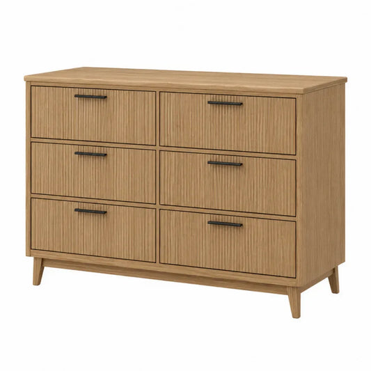 Cómoda rectangular de 6 cajones de MDF y tablero de partículas acabado madera natural con tiradores negros 140 x 40 x 80 cm
