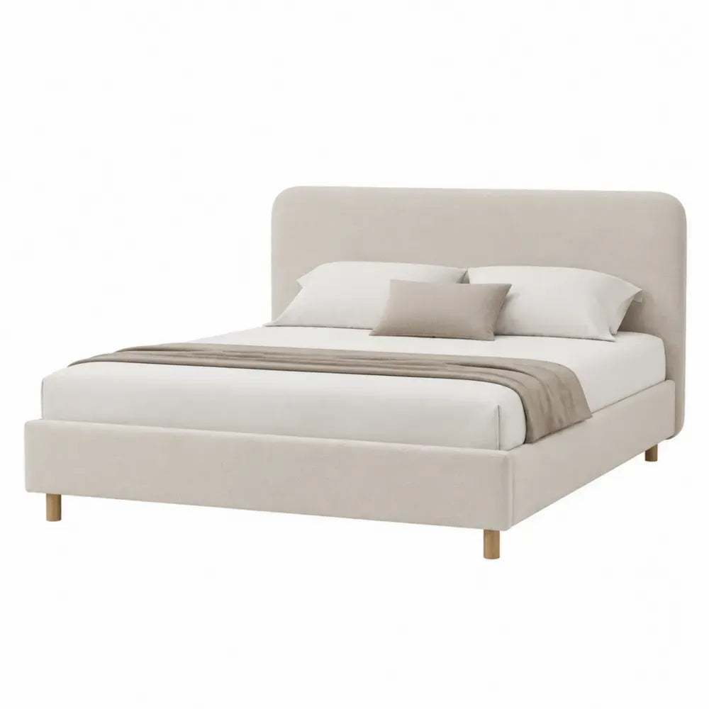 Cama tapizada 160x200 cm con cabecero curvo acolchado estructura de madera base de somier de láminas color beige crema