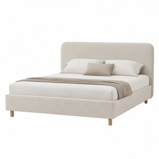 Cama tapizada 160x200 cm con cabecero curvo acolchado estructura de madera base de somier de láminas color beige crema