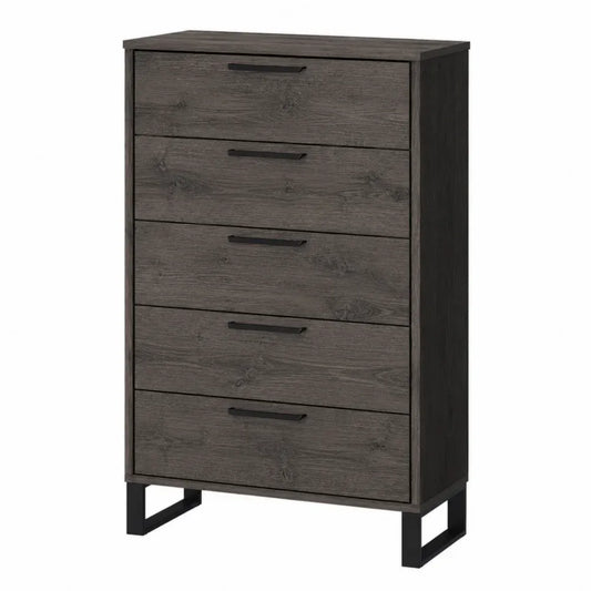 cómoda de almacenamiento de 5 cajones madera MDF gris oscuro con patas metálicas negras 60 cm x 40 cm x 110 cm
