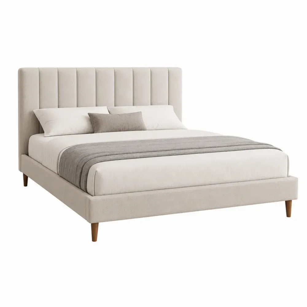 Cama doble rectangular tapizada para colchón 160 x 200 cm con cabecero vertical de poliéster beige claro y patas de madera natural