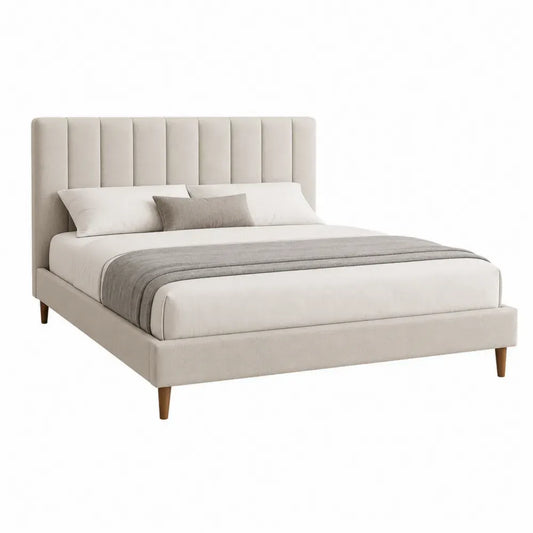 Cama doble rectangular tapizada para colchón 160 x 200 cm con cabecero vertical de poliéster beige claro y patas de madera natural