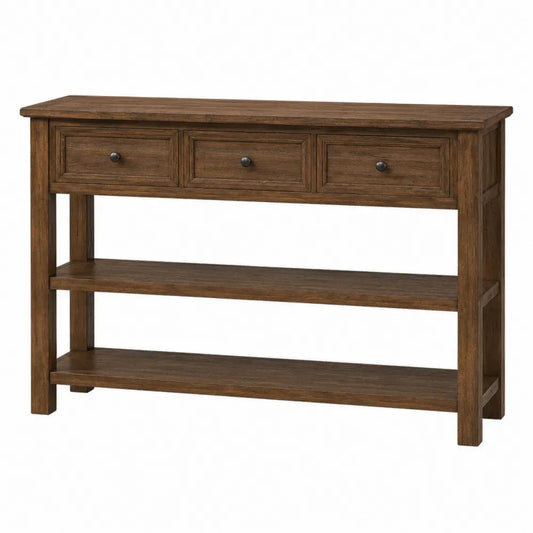 mesa consola de madera MDF con 3 cajones y estantes abiertos color madera oscura 120 cm x 35 cm x 80 cm